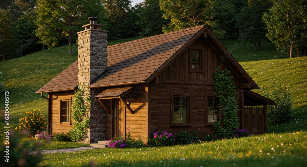 Fototapeta premium Cozy Wooden Cabin Nestled in a Lush Green Meadow