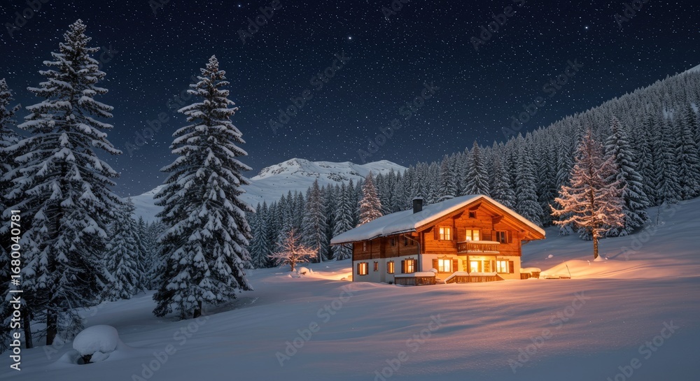 Naklejka premium Cozy Wooden Chalet in Snowy Alpine Forest Under Starry Night Sky