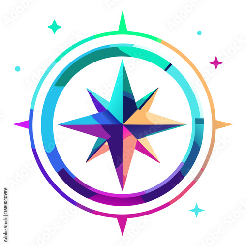 A vibrant, colorful compass rose illustration with a gradient design, perfect for concepts of direction, travel, guidance, adventure, and exploration.