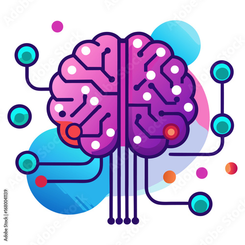 An artistic, vibrant illustration of a human brain as a circuit board with glowing nodes and lines, symbolizing the fusion of artificial intelligence and the human mind or technology's impact on our b