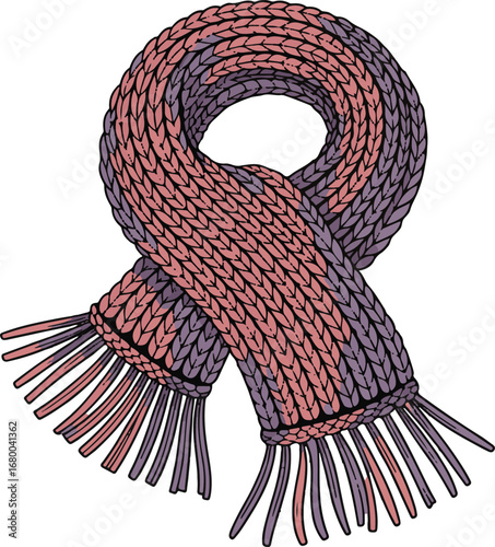 Hand-Drawn Cozy Scarf Sketch Warm Knitted Fabric with Fringe in Pink and Purple