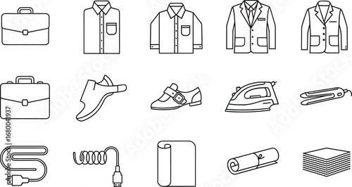 Minimalist office icons, clothing symbols, tech accessories, fashion essentials, business attire, vector set, clean design, blue outline, isolated graphics