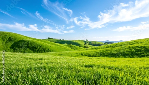 Lush green hills under a vibrant blue sky