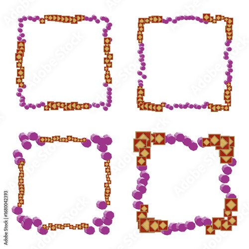 Square decorative frame. Purple beads elements. Brown pattern mix. Festive border design.