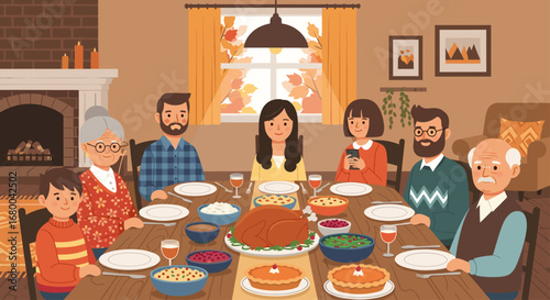 A Generational Family Gathers Around the Dining Table for a Festive Thanksgiving Feast with a Roasted Turkey and Abundant Side Dishes