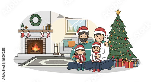 A heartwarming pixel art depiction of a festive family celebrating Christmas together by a warm fireplace and a decorated tree enjoying the holiday spirit