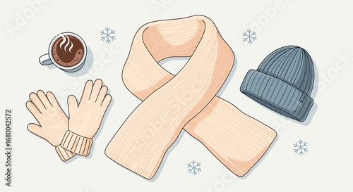 Cozy Winter Warm Accessories Including a Knitted Scarf Gloves and a Beanie Hat With a Warm Beverage and Snowflakes on a Light Background