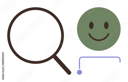 Magnifying glass near a smiling face with an abstract connection line below. Ideal for search, insight, user satisfaction, evaluation, recruitment, assessment, positivity themes. Simple flat metaphor