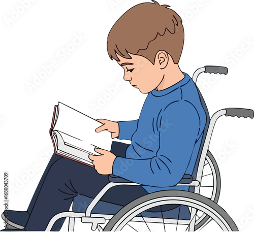 Boy in Wheelchair Reading Book.
