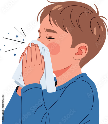 Boy Sneezing Into Tissue.