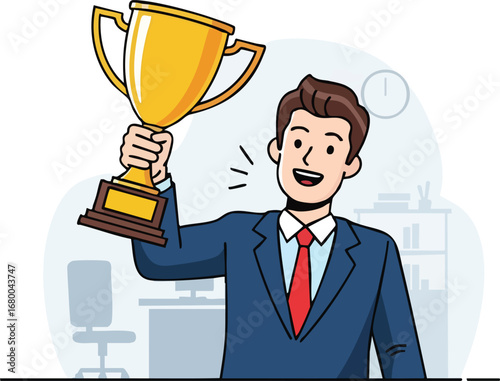 Businessman Celebrating Success with Golden Trophy.