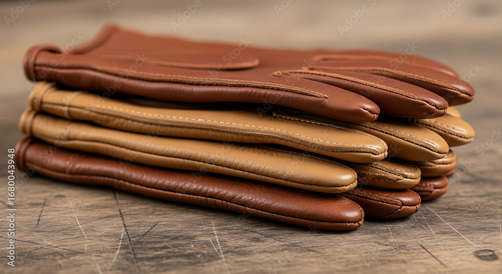 Obraz premium Luxurious soft leather gloves stacked on vintage wooden table a pair of stylish accessories for fashion and warmth