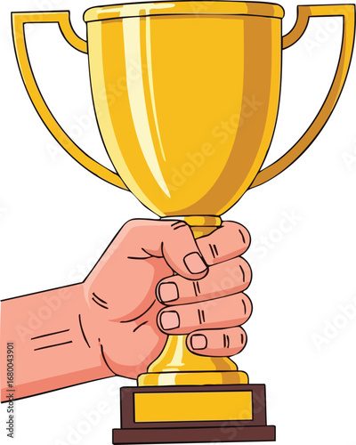 Cartoon hand holding a golden winners trophy cup.