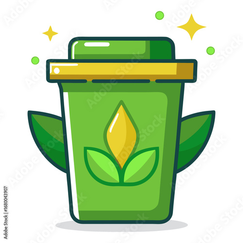 A bright, green recycling bin or compost container with a plant logo, surrounded by leaves and sparkling stars.