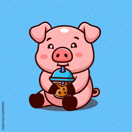 illustration cute cartoon pig sitting and drinking boba