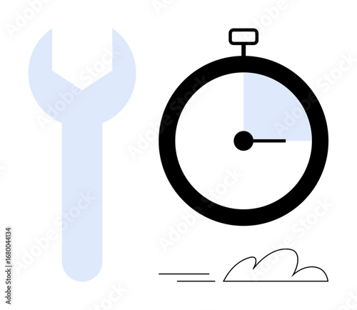 Wrench, stopwatch with partial blue segment, dynamic motion lines, and cloud element. Ideal for productivity, maintenance, efficiency, time management, repair quick service agile workflow simple