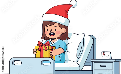Child Patient Receiving Christmas Gift in Hospital.