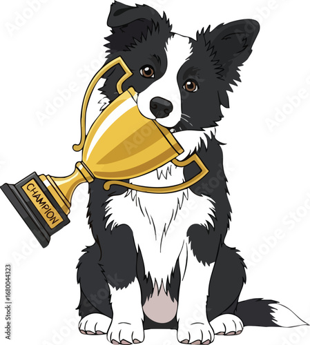 Cute Border Collie Puppy Holding Champion Trophy.