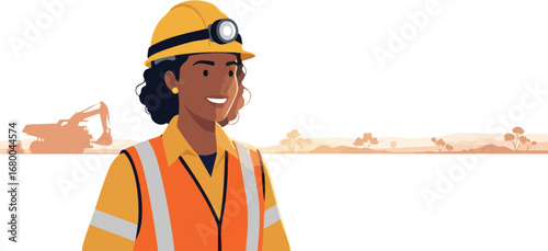 Female Miner in Safety Gear Desert Landscape.