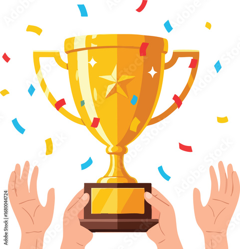 Golden Trophy Award Celebration with Confetti.