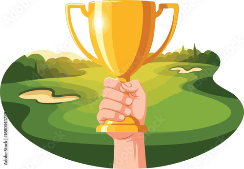 Golf champion holding a victory trophy prize.