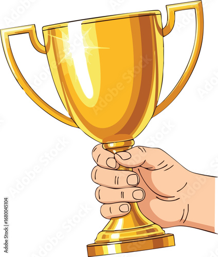 Hand holding a shiny golden trophy cup award.