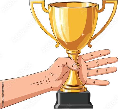 Hand holding a shiny golden trophy cup vector illustration 1.