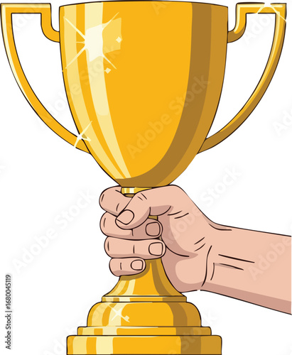 Hand holding a shiny golden trophy cup for the winner.