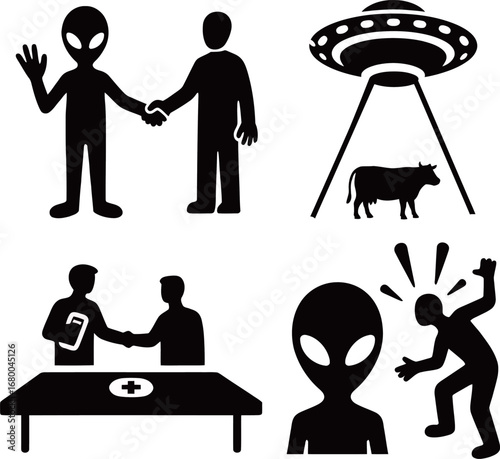Creative alien-themed illustrations depicting encounters and interactions.