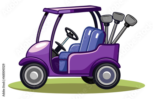 A vibrant purple golf cart with clubs on a green patch of grass. A cheerful and fun cartoon illustration for sport, leisure, or travel themes.