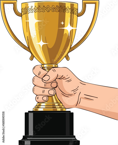 Hand holding a shiny golden winners trophy cup.