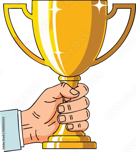Hand holding a shiny golden trophy cup vector illustration.