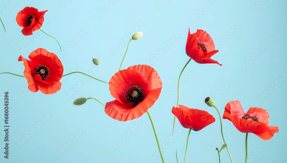 Obraz premium Vibrant red poppies gently floating against a soft teal background. A delicate floral arrangement