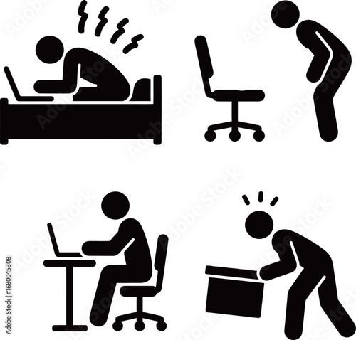 Illustration of various work-related postures: awkward, sitting, and lifting.
