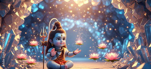 Baby Lord Shiva in Shining Cave Surrounded by Lotus Flowers – Hindu