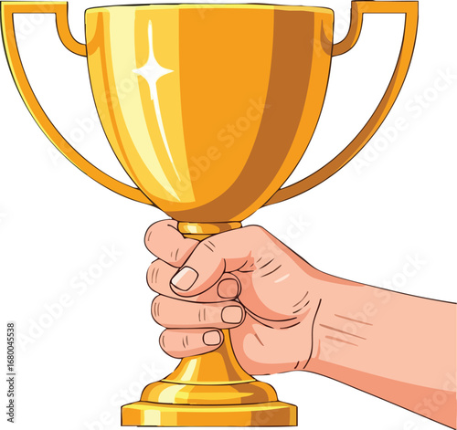 Hand Holding Golden Trophy of Victory and Success.