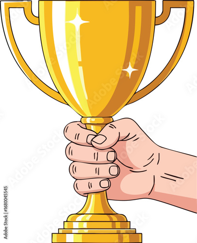 Hand Holding Golden Trophy of Victory and Success 1.