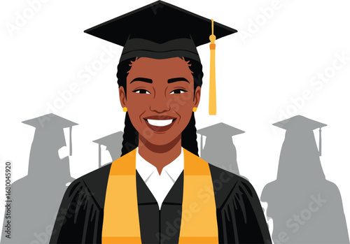 Happy Black Woman Graduate in Cap and Gown.