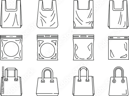 Tote bags, ziplock bags, handbags, fashion accessories, bag collection, product design, packaging mockup, retail style, illustration set, isolated icons