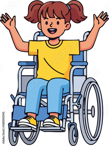 Happy cartoon girl in a wheelchair raising her hands.