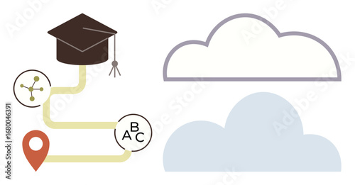 Graduation cap, location pin, network lines, ABC letters, and two clouds representing education, navigation, connectivity, success achievements learning journey and online technologies. Ideal