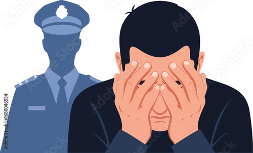 Man Hiding Face from Police Officer Illustration.