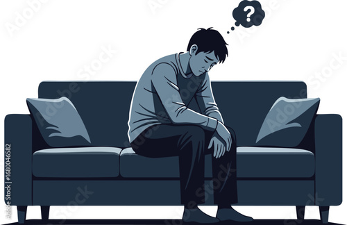 Man Sitting on Sofa with Question Mark Thought Bubble.