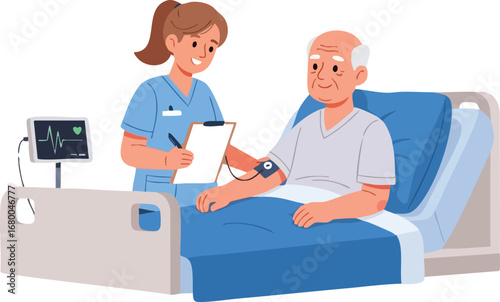 Nurse checking elderly patients blood pressure in hospital bed.