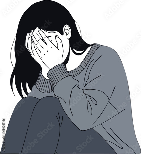 Sad Girl Covering Face with Hands.