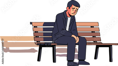 Sad Man Sitting Alone on Park Bench.