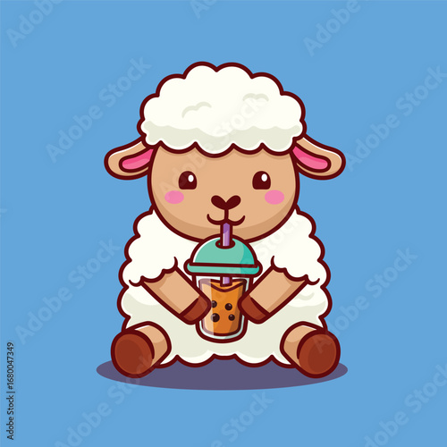 cartoon sheep drink boba flat design good for sticker