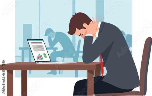 Stressed Businessman Suffering from Neck Pain at Work.