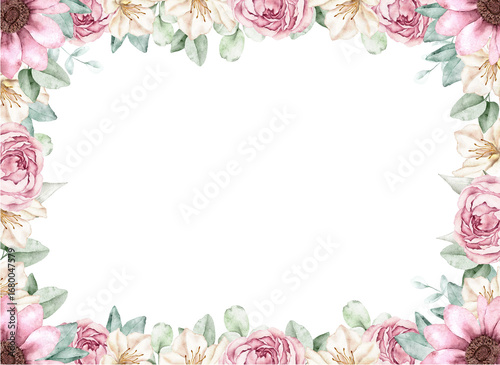 Watercolor busy rectangular floral frame with roses and white azaleas, elegant hand painted botanical border for cards and wedding stationery.