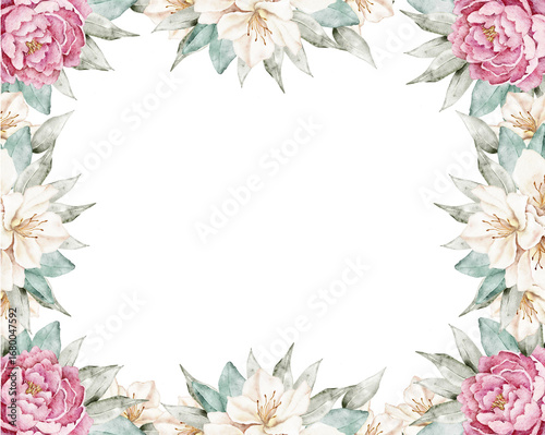 Watercolor busy rectangular floral frame with roses and white azaleas, elegant hand painted botanical border for cards and wedding stationery.